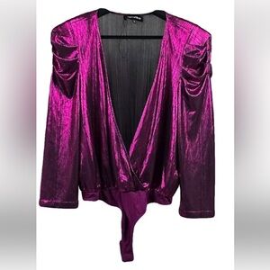 Retrofete Jophiel Metallic Deep V Bodysuit Magenta